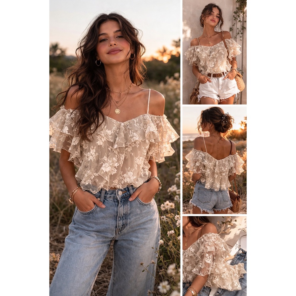 Zara Tulle Ruffle Top Cream Floral Off Shoulder NWT Fairy Boho Romantic xs